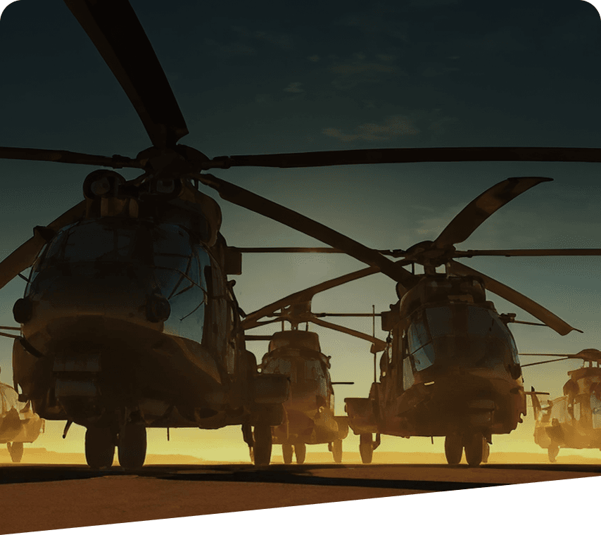 Military helicopters at sunset in a defense operations setting