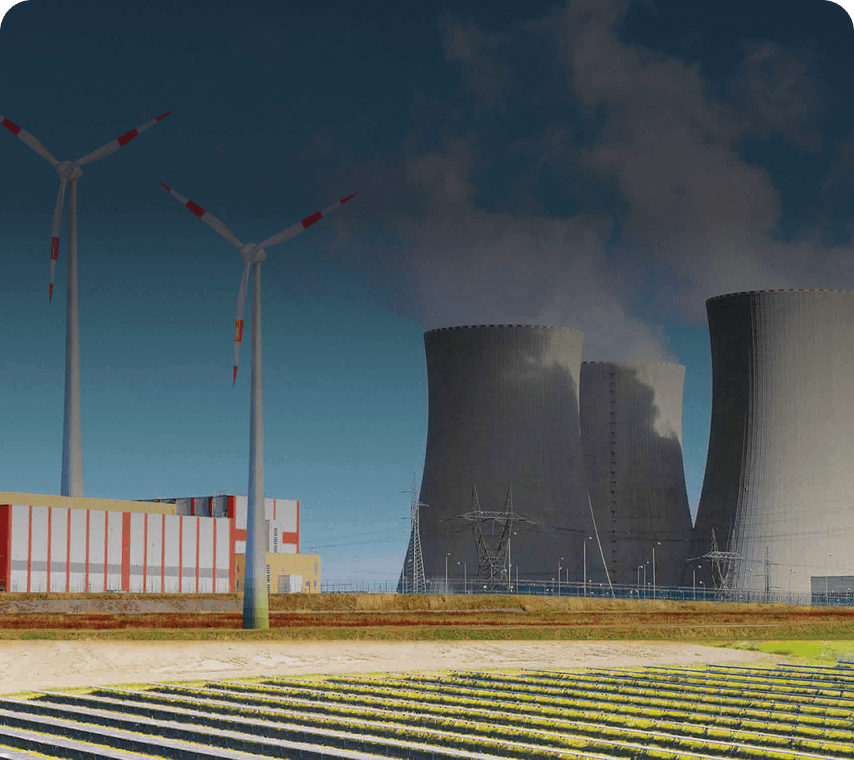 Illustration representing power generation infrastructure and transmission towers