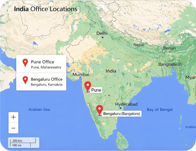 India office locations map showing Pune and Bengaluru offices